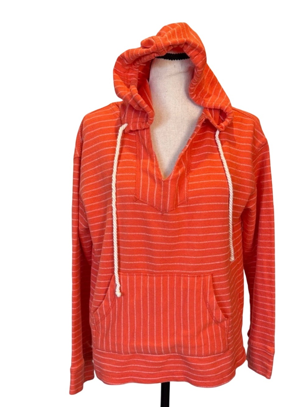 Legaci Orange & White Striped Hooded Tunic Top V-Neckline Kangaroo Pocket Large